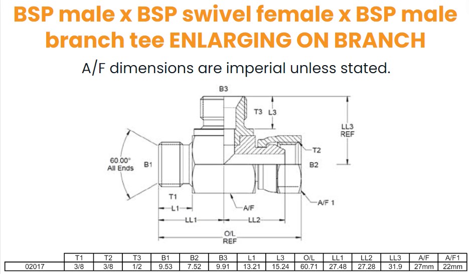 3/8 x 3/8 x 1/2 BSP M/F/M Tee Hydraulic Adaptor